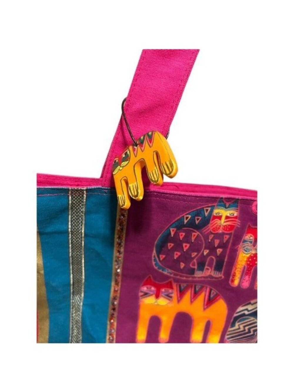 Laurel Burch Cat Geometric Large Shoulder Tote Bag Beaded Inner Pockets EUC - Picture 2 of 12